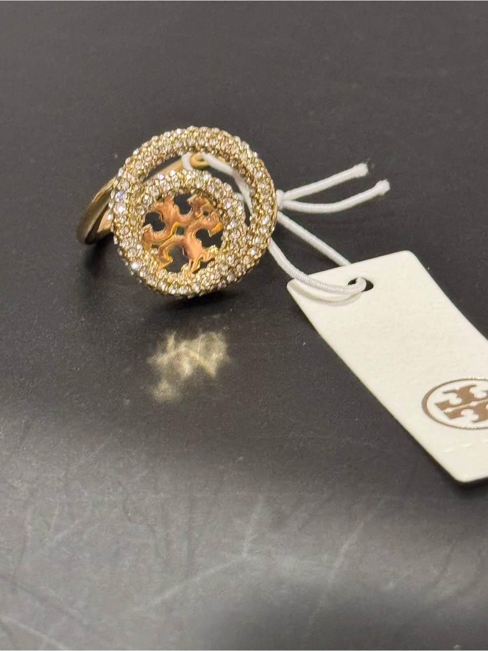 NWT Tory Burch Gold Pavé Crystal Double T Circle Ring Size 8